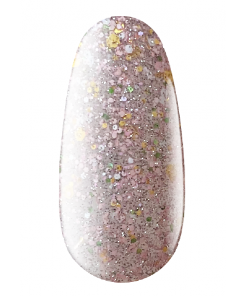 Кольорова база для гель-лаку Kodi Color Base Crystal Drops 09 прозора світловідбиваюча срібно-рожева, з салатовими блискітками, жовтими сяючими шестикутниками і білими пластівцями 7 мл