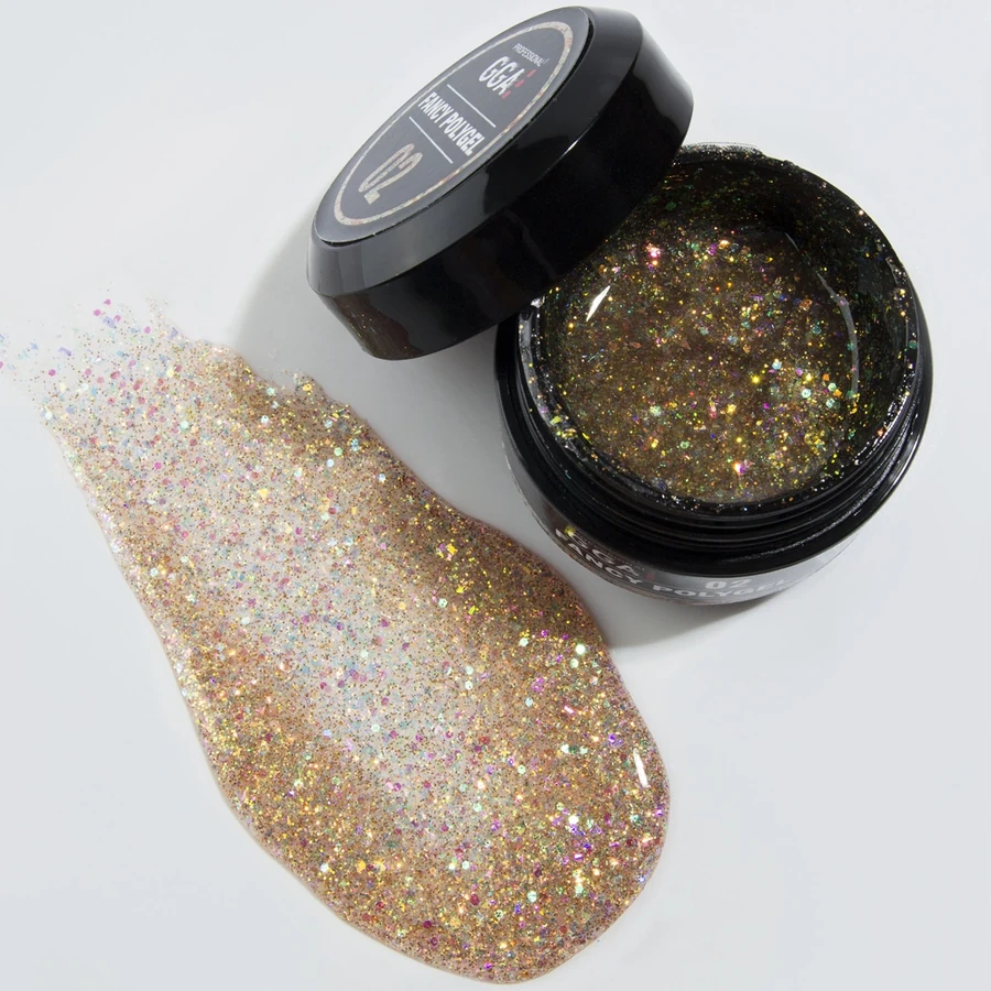 Полігель GGA Professional Fancy Poligel 02 золотий, з голографічними пластинками та блискітками 30 мл