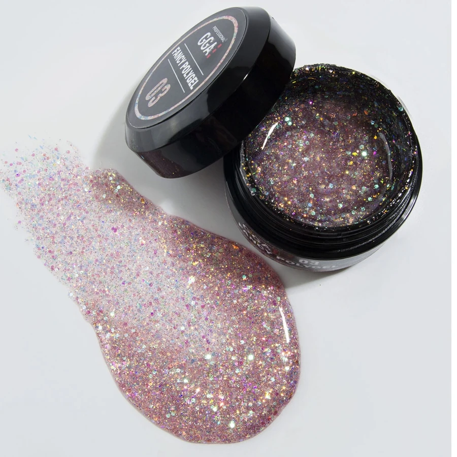 Полігель GGA Professional Fancy Poligel 03 рожевий, з голографічними пластинками та блискітками 30 мл