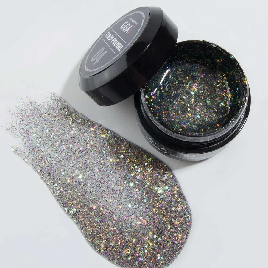 Полігель GGA Professional Fancy Poligel 04 срібний, з голографічними пластинками та блискітками 30 мл