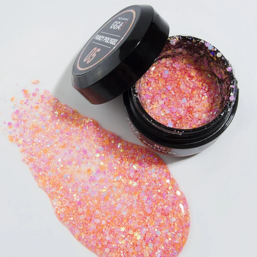 Полігель GGA Professional Fancy Poligel 05 кораловий, з голографічними пластинками та блискітками 30 мл
