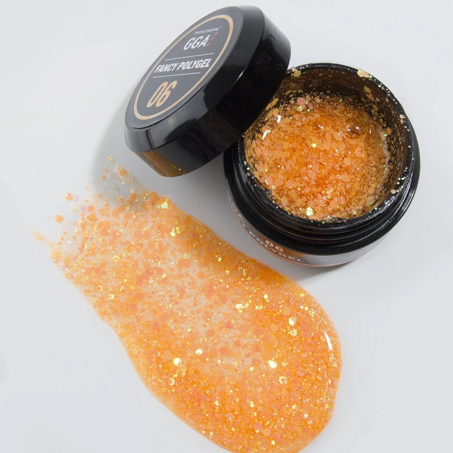 Полігель GGA Professional Fancy Poligel 06 помаранчевий, з голографічними пластинками та блискітками 30 мл