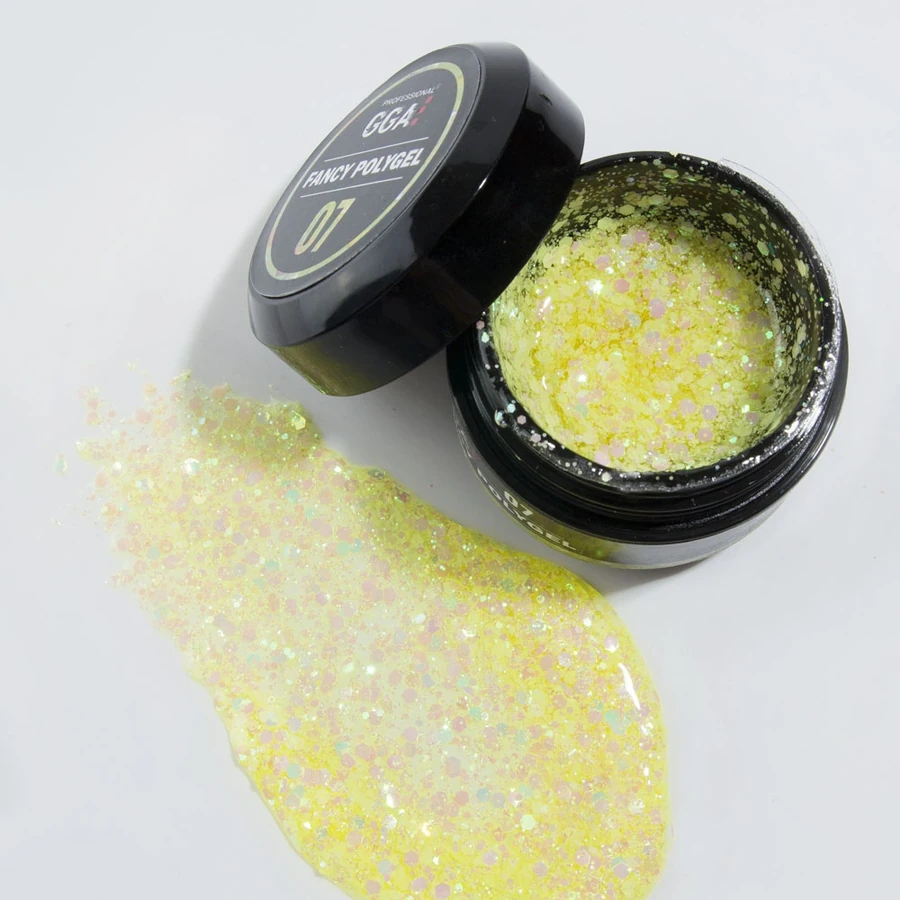 Полігель GGA Professional Fancy Poligel 07 жовтий, з голографічними пластинками та блискітками 30 мл