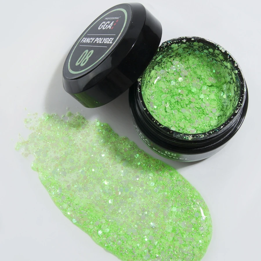 Полігель GGA Professional Fancy Poligel 08 салатовий, з голографічними пластинками та блискітками 30 мл