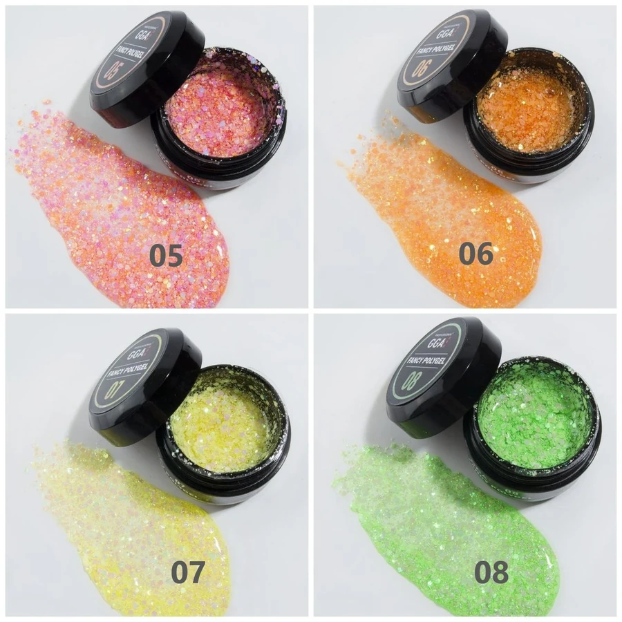 Полігель GGA Professional Fancy Poligel 08 салатовий, з голографічними пластинками та блискітками 30 мл