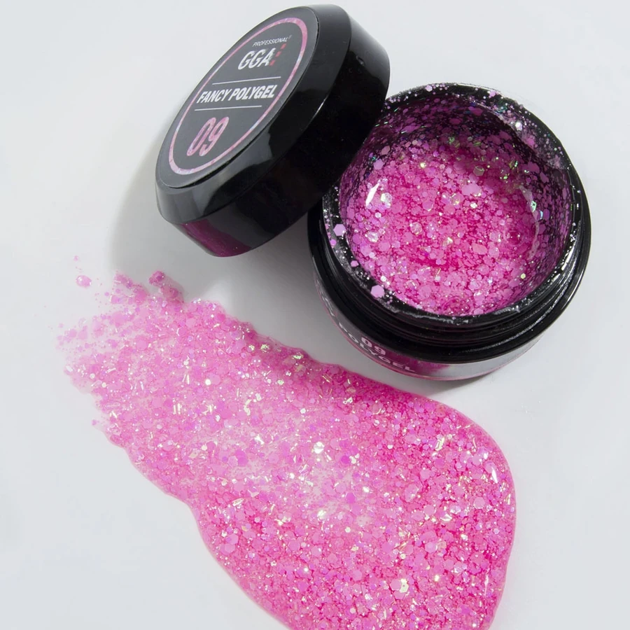 Полігель GGA Professional Fancy Poligel 09 малиновий, з голографічними пластинками та блискітками 30 мл