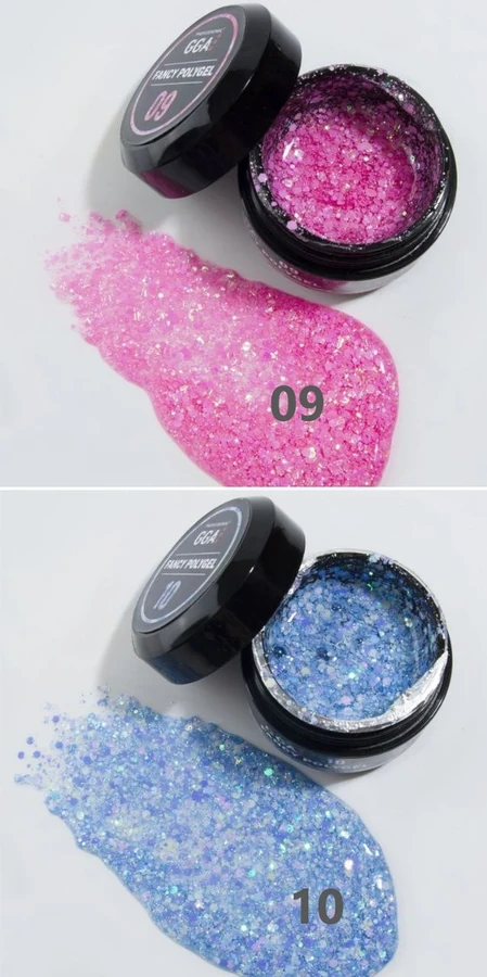 Полігель GGA Professional Fancy Poligel 09 малиновий, з голографічними пластинками та блискітками 30 мл