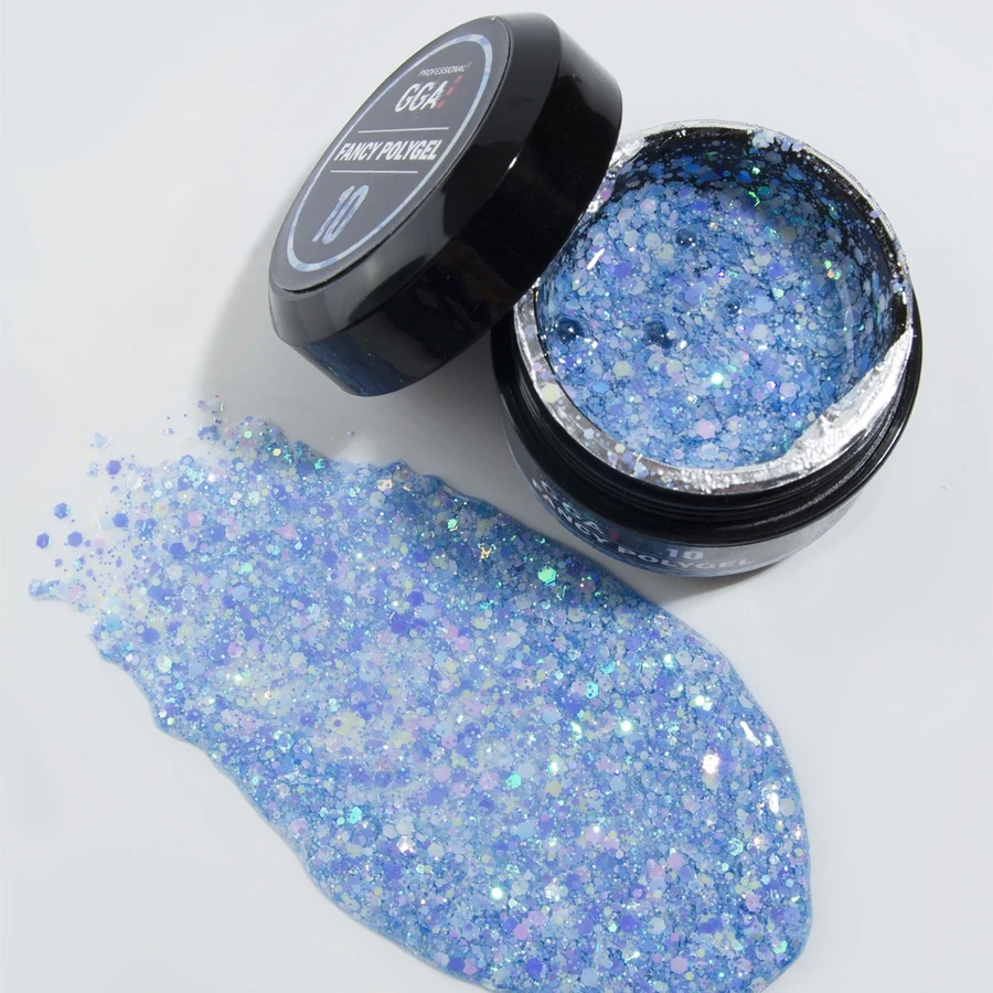 Полігель GGA Professional Fancy Poligel 10 блакитний, з голографічними пластинками та блискітками 30 мл