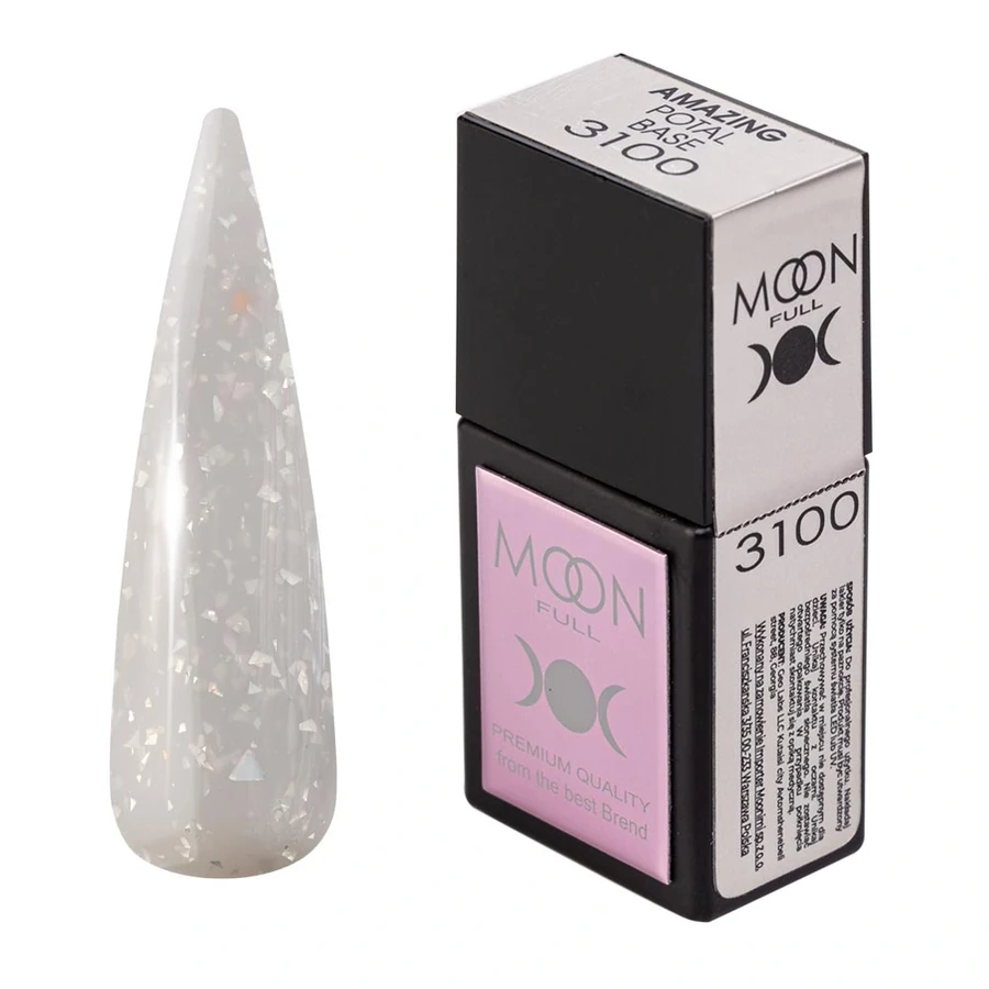Кольорова база MOON FULL Amazing Color Potal Base №3100 білий, зі срібною поталлю 12 мл