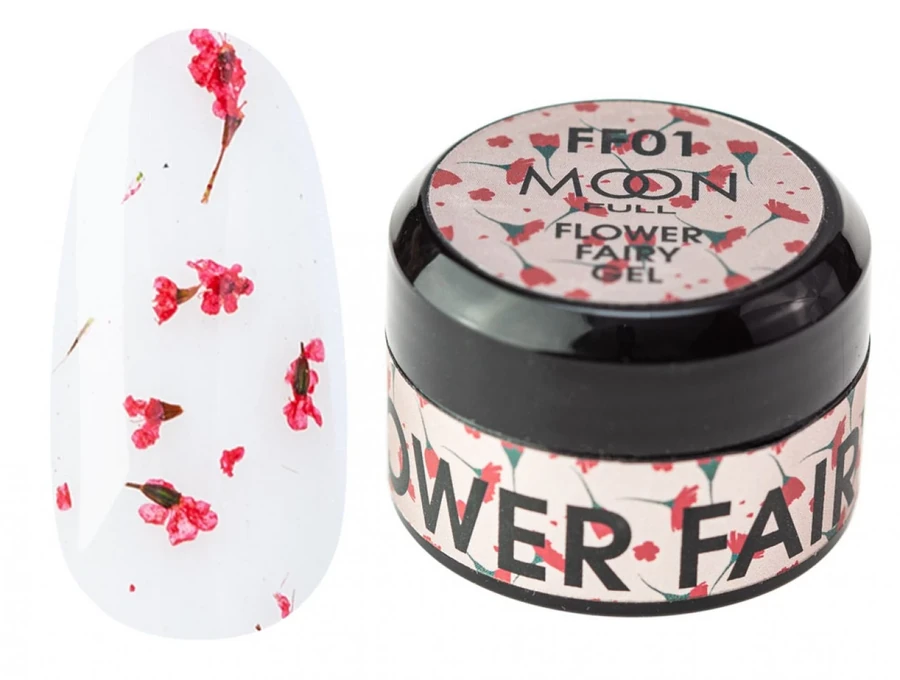 Гель з сухоцвітами для дизайну MOON FULL Flower Fairy Gel №FF01 білий, з червоним сухоцвітом 5 мл