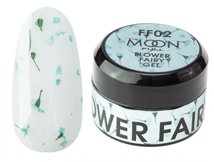 Гель з сухоцвітами для дизайну MOON FULL Flower Fairy Gel №FF02 білий, з блакитним сухоцвітом 5 мл