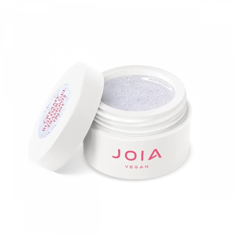 Моделюючий гель JOIA vegan Creamy Builder Gel Diamond Frost напівпрозорий молочний, зі срібними блискітками 15 мл