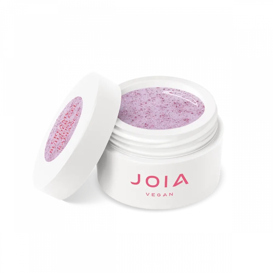 Моделюючий гель JOIA vegan Creamy Builder Gel Rosy Radiance напівпрозорий молочно-рожевий, з рожевими блискітками 15 мл