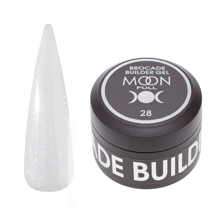 Гель для нарощування та моделювання нігтів MOON FULL Brocade Builder Gel №28 молочний напівпрозорий, з поталлю 30 мл