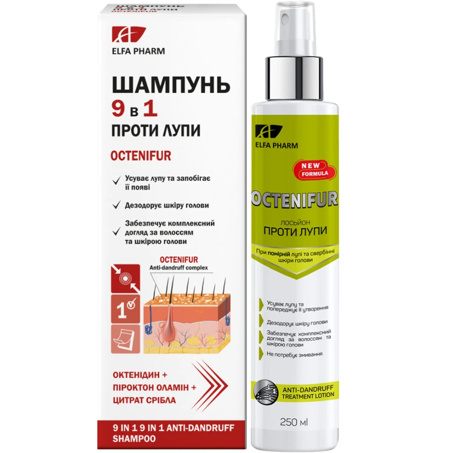 Комплекс проти помірної лупи Elfa Pharm Octenifur Anti-Dandruff Complex Shampoo 9in1 + Lotion Set Шампунь + Лосьйон