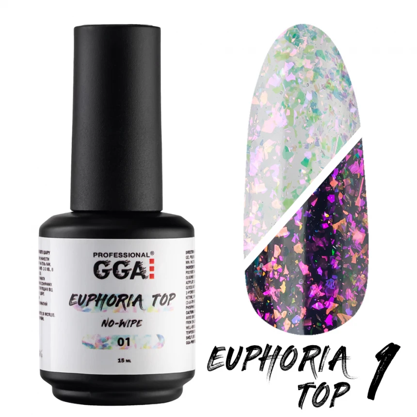 Топ без липкого шару GGA Professional Euphoria Top No-Wipe №01 з пластівцями юккі 15 мл