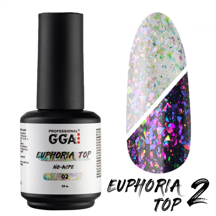 Топ без липкого шару GGA Professional Euphoria Top No-Wipe №02 з пластівцями юккі 15 мл