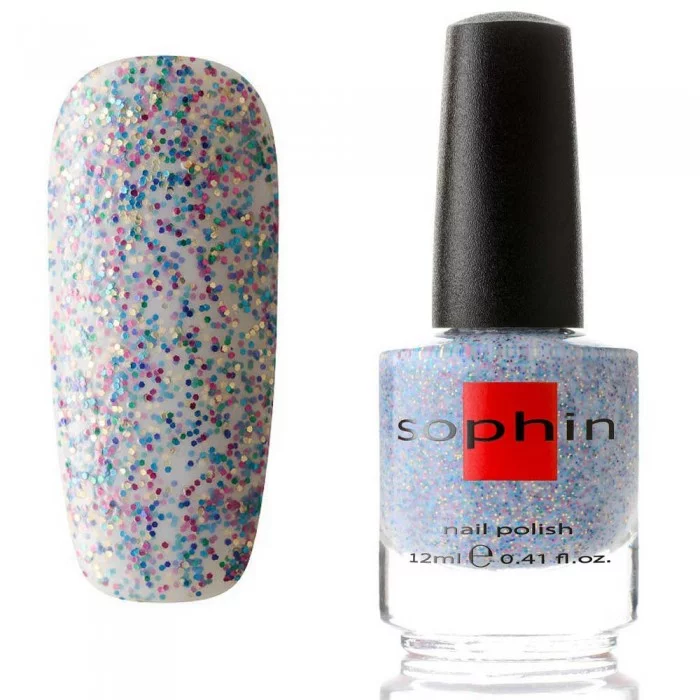 Лак Sophin Nail Lacquer №330 молочно-блакитний, з різнокольоровим конфетті 12 мл