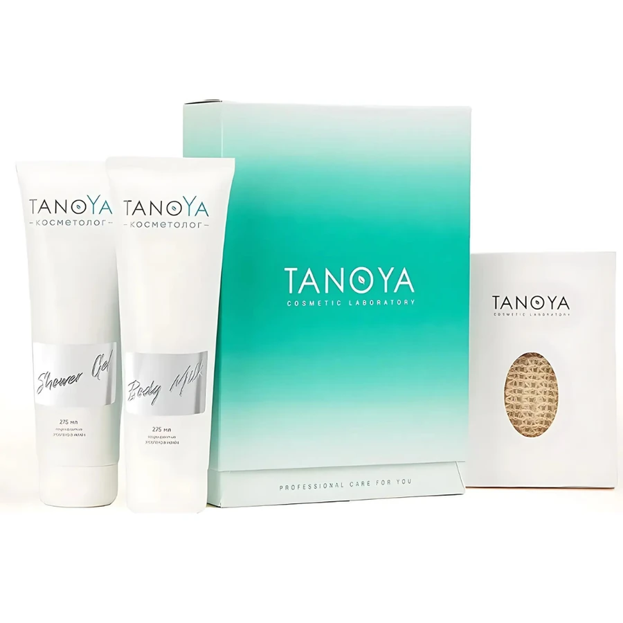 Подарунковий набір з полінуклеотидами Tanoya Gift Cosmetic Set Shower Gel + Body Milk with Polynucleotides Cashmere 275+275 мл Гель-душ + Молочко для тіла + губка