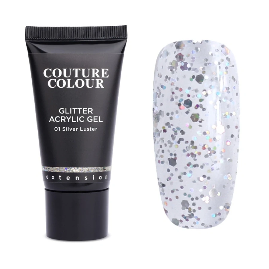 Акрил-гель Couture Colour Glitter Acrylic Gel 01 Silver Luster прозорий, зі срібним гліттером 30 мл