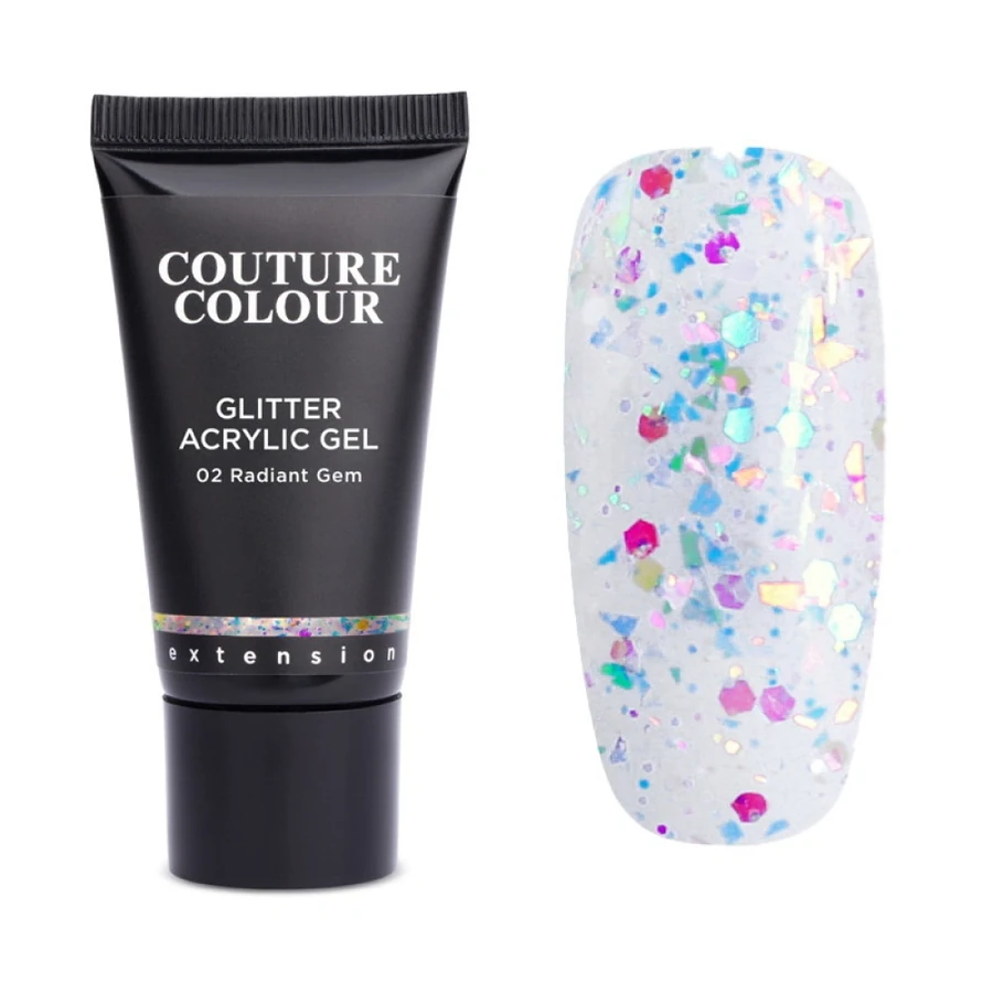 Акрил-гель Couture Colour Glitter Acrylic Gel 02 Radiant Gem прозорий, з різнокольоровим гліттером та слюдою 30 мл