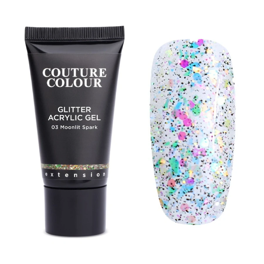 Акрил-гель Couture Colour Glitter Acrylic Gel 03 Moonlit Spark прозорий, з різнокольоровим гліттером, блискітками та слюдою 30 мл