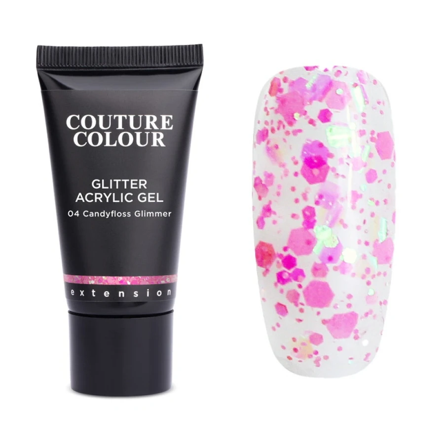 Акрил-гель Couture Colour Glitter Acrylic Gel 04 Candyfloss Glimmer прозорий, з рожевим та зеленим гліттером 30 мл