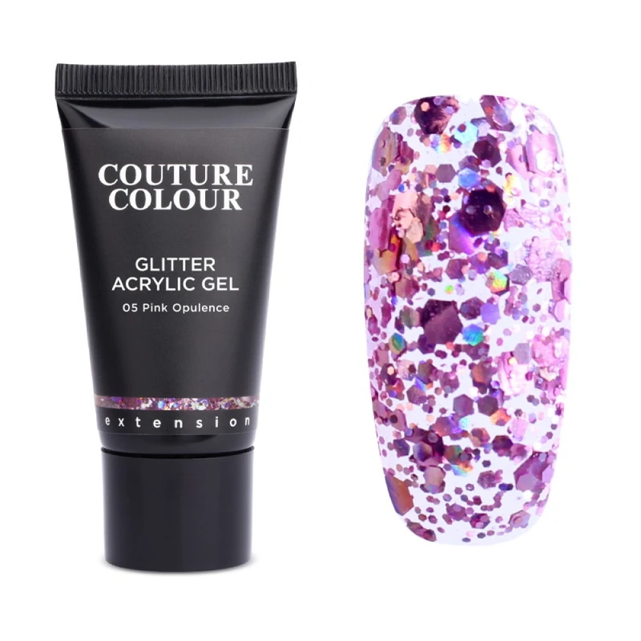 Акрил-гель Couture Colour Glitter Acrylic Gel 05 Pink Opulence прозорий, з ліловим гліттером 30 мл