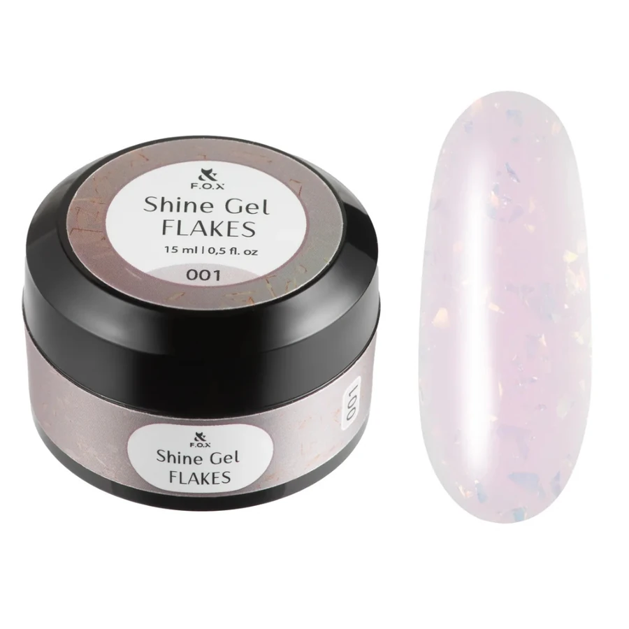 Гель для укріплення натуральних нігтів FOX Shine Gel Flakes 001 молочно-рожевий, з поталлю та блискітками 15 мл