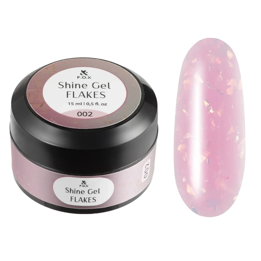 Гель для укріплення натуральних нігтів FOX Shine Gel Flakes 002 рожевий, з поталлю та блискітками 15 мл