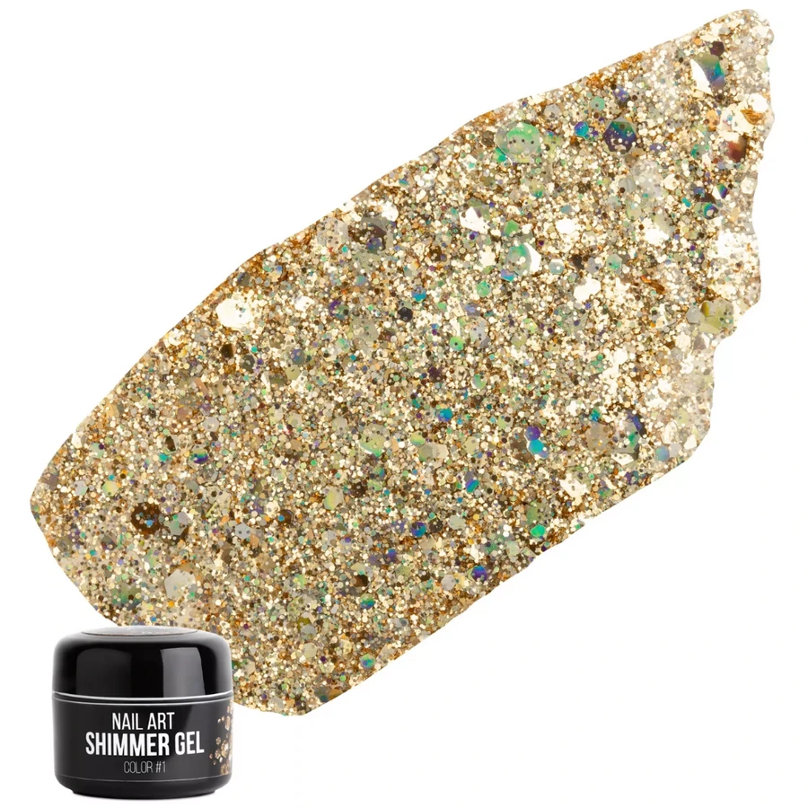Гель для дизайну NUB Shimmer Gel 01 прозора основа, з золотими блискітками, шестикутниками та конфетті 5 г
