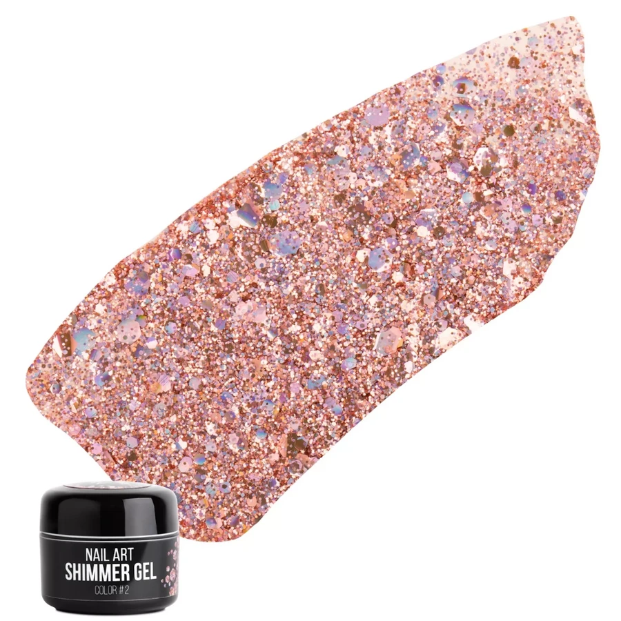 Гель для дизайну NUB Shimmer Gel 02 прозора основа, з рожевими блискітками, шестикутниками та конфетті 5 г