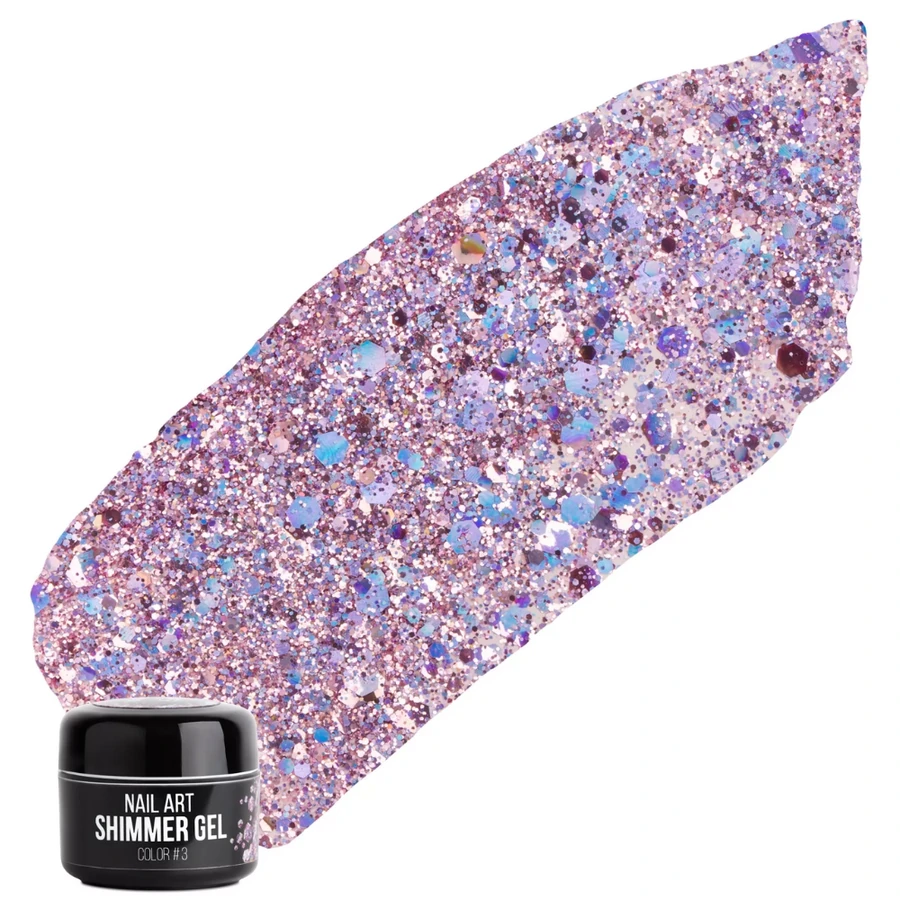 Гель для дизайну NUB Shimmer Gel 03 прозора основа, зі світло-бузковими блискітками, шестикутниками та конфетті 5 г