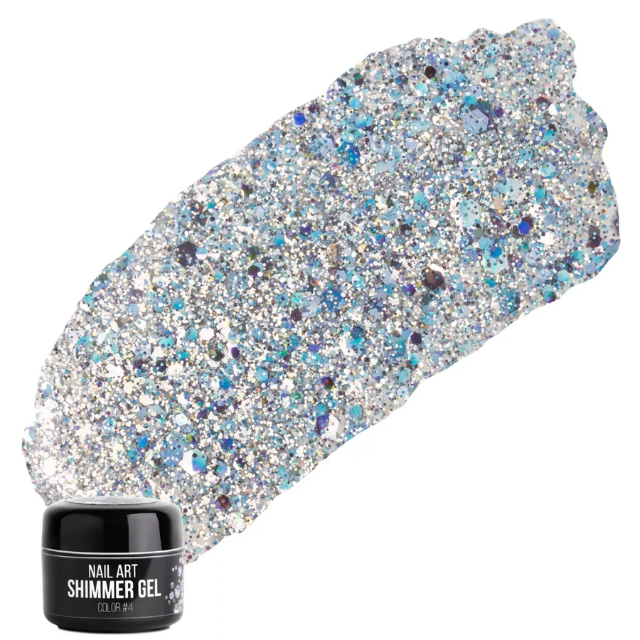Гель для дизайну NUB Shimmer Gel 04 прозора основа, зі срібними блискітками, шестикутниками та конфетті 5 г