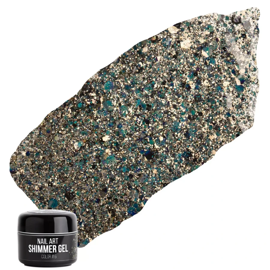 Гель для дизайну NUB Shimmer Gel 06 прозора основа, з темно-бронзовими блискітками, шестикутниками та конфетті 5 г