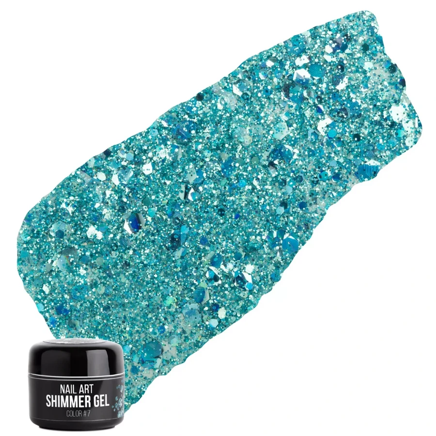 Гель для дизайну NUB Shimmer Gel 07 прозора основа, з бірюзовими блискітками, шестикутниками та конфетті 5 г