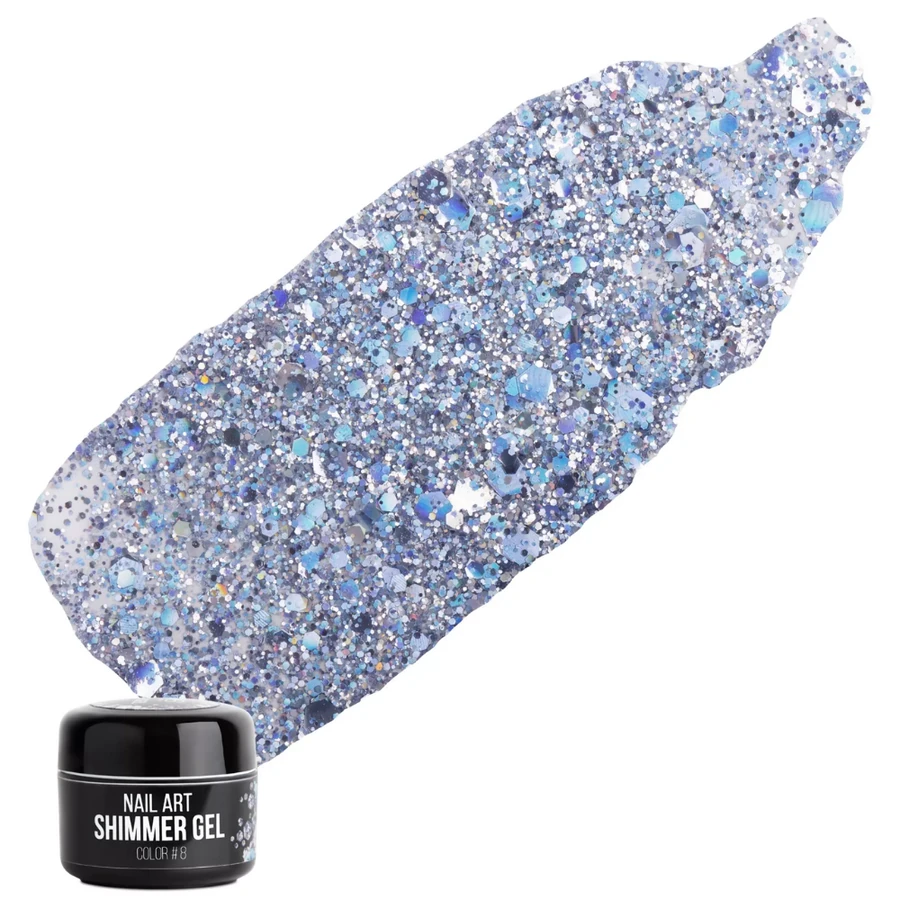 Гель для дизайну NUB Shimmer Gel 08 прозора основа, з ліловими блискітками, шестикутниками та конфетті 5 г