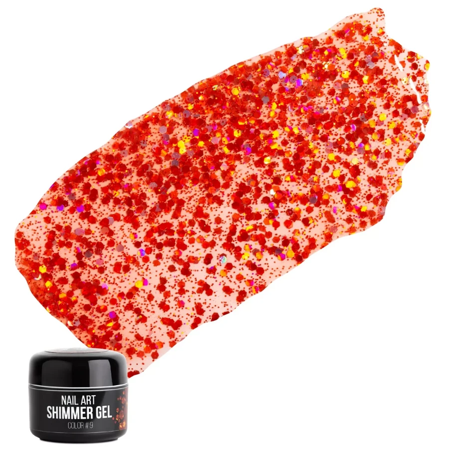 Гель для дизайну NUB Shimmer Gel 09 прозора основа, з червоними блискітками, шестикутниками та конфетті 5 г