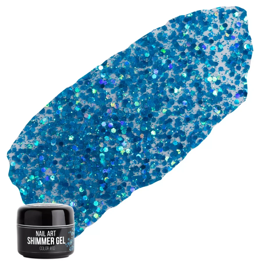 Гель для дизайну NUB Shimmer Gel 10 прозора основа, з синіми блискітками, шестикутниками та конфетті 5 г