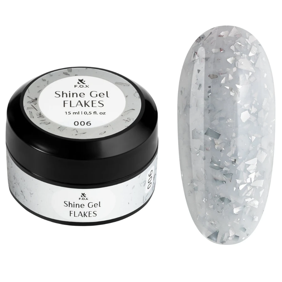 Гель для укріплення натуральних нігтів FOX Shine Gel Flakes 006 молочно-білий, зі сріблястою фольгою 15 мл