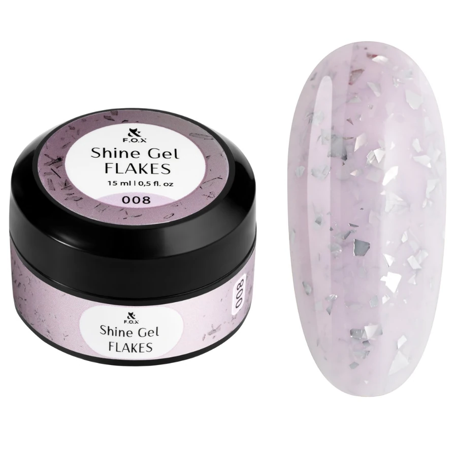 Гель для укріплення натуральних нігтів FOX Shine Gel Flakes 008 молочно-бузковий, зі сріблястою фольгою 15 мл