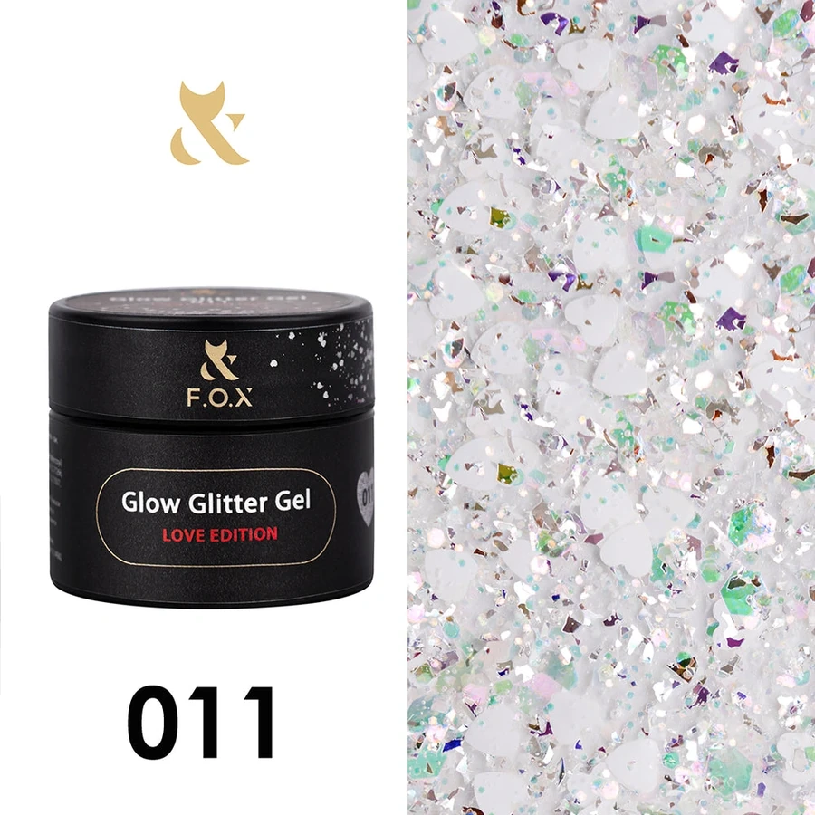 Глітер гель для дизайну з декором FOX Glow Glitter Gel Love Edition 011 прозорий, з білими сердечками, голографічними шестикутниками і срібною поталлю 5 мл