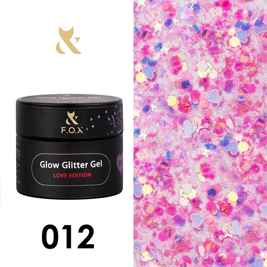 Глітер гель для дизайну з декором FOX Glow Glitter Gel Love Edition 012 прозорий, з голографічними рожевими сердечками, зірочками та шестикутниками 5 мл
