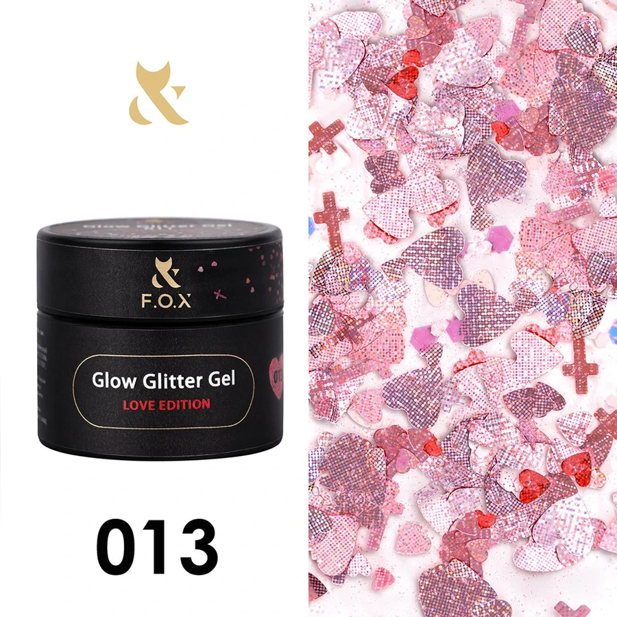 Глітер гель для дизайну з декором FOX Glow Glitter Gel Love Edition 013 прозорий, з рожевими голографічними сердечками та хрестиками 5 мл