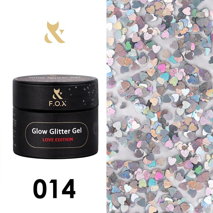 Глітер гель для дизайну з декором FOX Glow Glitter Gel Love Edition 014 прозорий, зі сріблястими сердечками з райдужним переливом 5 мл