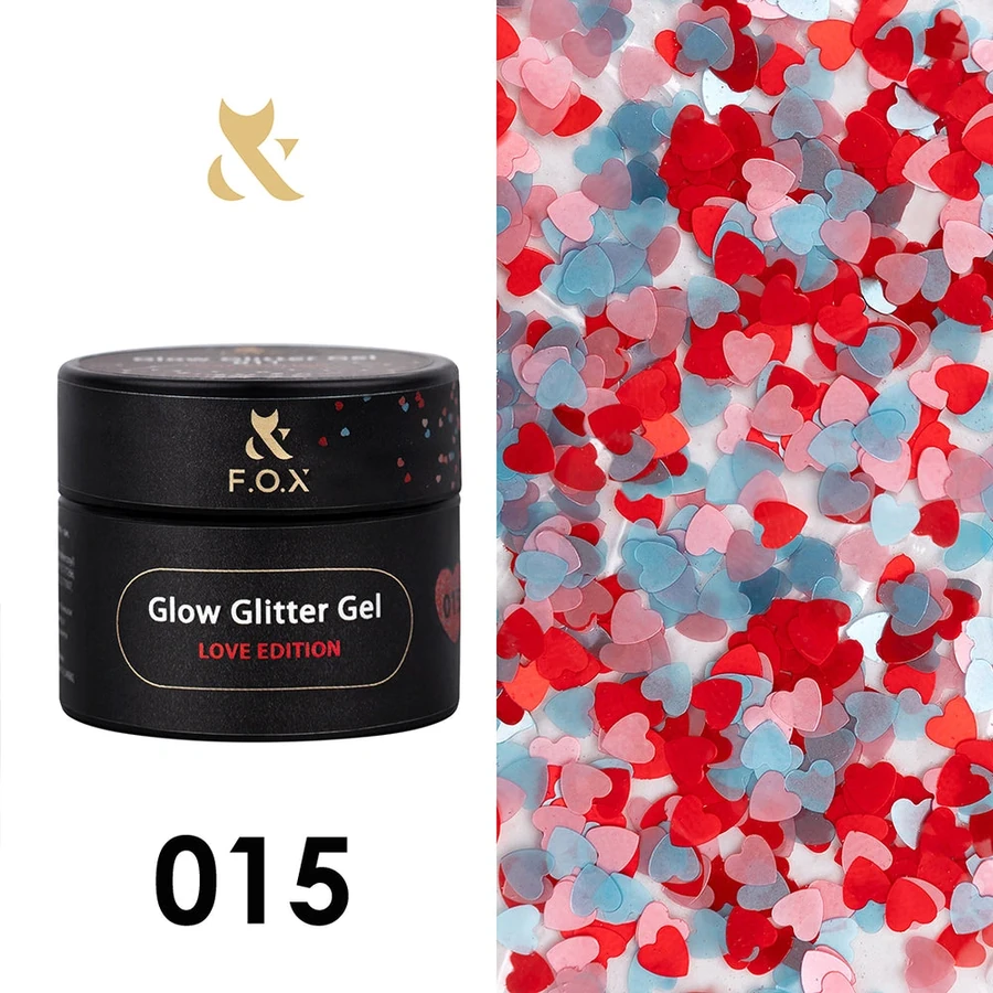 Глітер гель для дизайну з декором FOX Glow Glitter Gel Love Edition 015 прозорий, з червоними, блакитними і рожевими сердечками 5 мл