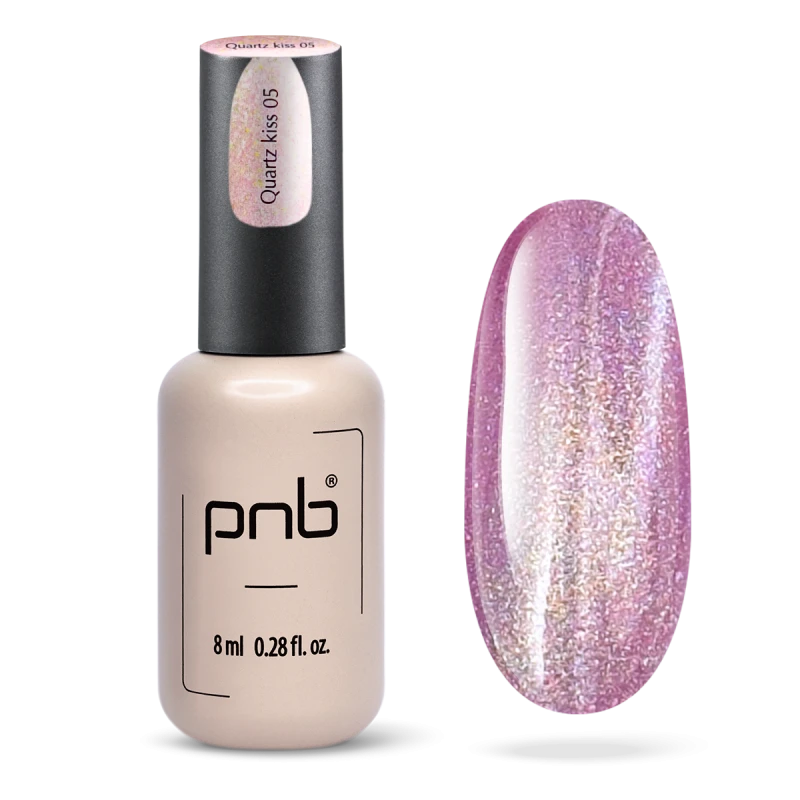 Магнітний гель-лак PNB Magnetic Gel Polish Glamour Cat 05 Quartz Kiss рожевий, з блакитно-зеленим шиммером 8 мл