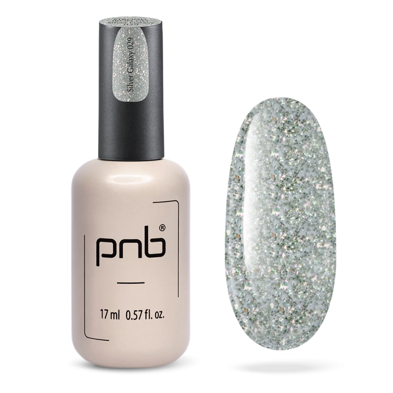 Гель конструюючий екстра-стійкий PNB Strong Iron Gel 029 Silver Galaxy срібний світловідбиваючий, напівпрозорий з голографічими блискітками та шиммером 17 мл