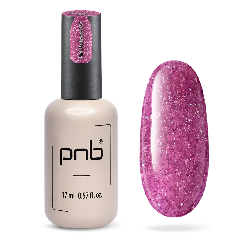 Гель конструюючий екстра-стійкий PNB Strong Iron Gel 030 Pink Radiance рожевий світловідбиваючий, із голографічними блискітками та рожевим шиммером 17 мл