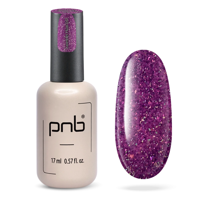 Гель конструюючий екстра-стійкий PNB Strong Iron Gel 031 Lavender Haze фіолетовий світловідбиваючий, з голографічними блискітками та фіолетовим шиммером 17 мл